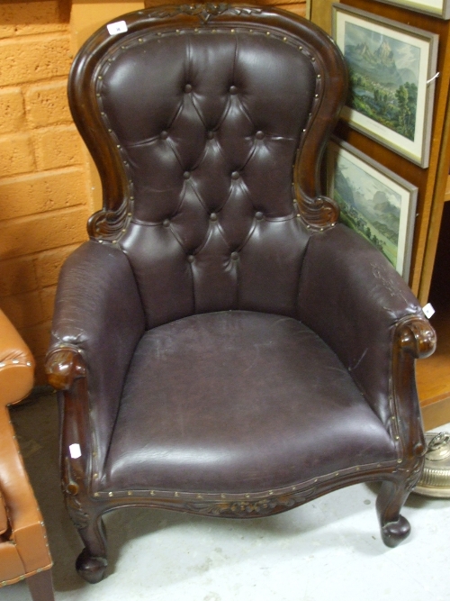 A Reproduction Victorian Mahogany Framed Armchair.