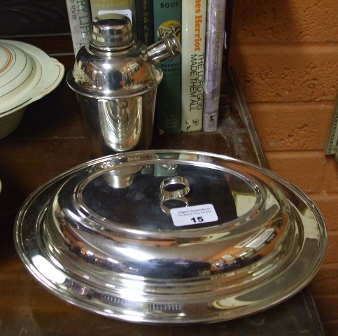 Silver-Plate: An Entrée Dish with Liner & Cocktail Shaker (2).