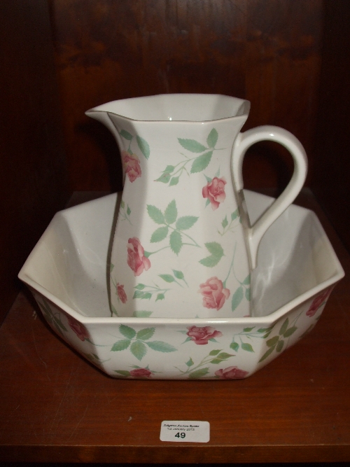 A `Park Rose` Wash Jug & Basin decorated with pink roses and foliage.