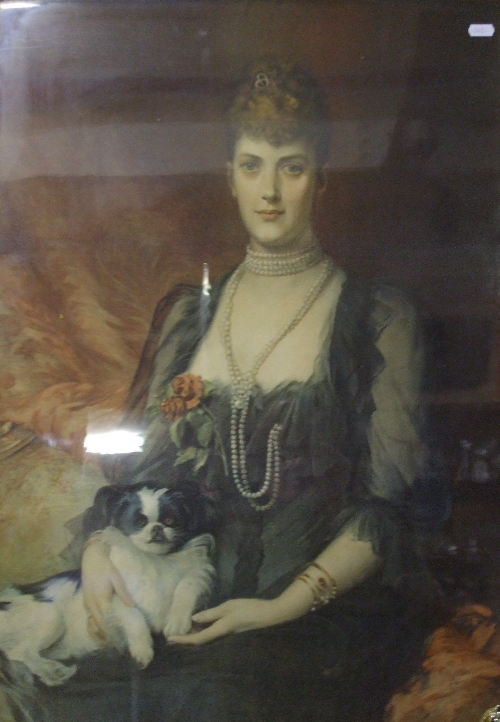 An Early 20th Century Coloured Print of an Attractive Lady & Dog , in a moulded gilt frame and