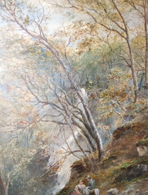 A 19th Century Watercolour by E. Tucker. Two Young Children Fishing by a Waterfall. Signed l.r.