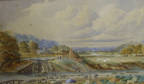 A Watercolour by David Bates, An extensive country  landscape with lock gates & lock keepers