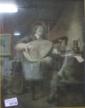 A Black and White Print of a Rotund Musician.