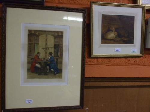 A Watercolour by Nichol, depicting three rabbits, signed lower left & 1949, And a Coloured Engraving