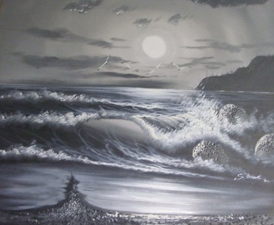 Two Oils on Canvas, one a modern example depicting seagulls flying over choppy seas at night, the