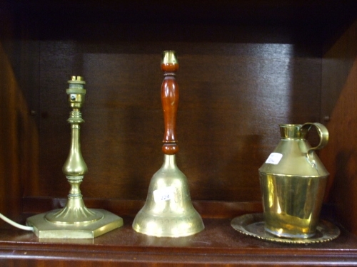 A Small Collection of Brasswares comprising bell, table lamp, jug, and tray.