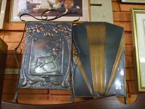 Two Coppered Firescreens, one embossed with figure of a stag, the other in Art Deco style.