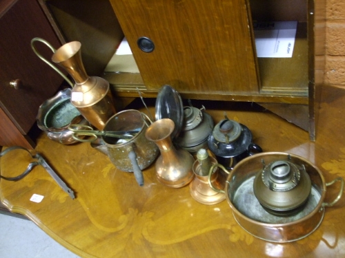 A Quantity of Metalwares including copper ewers, oil lamps, etc.