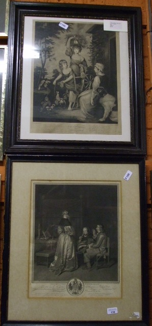 Two 19th Century Monochrome Engravings, `The Cottagers` and `Instruction Paternelle`.