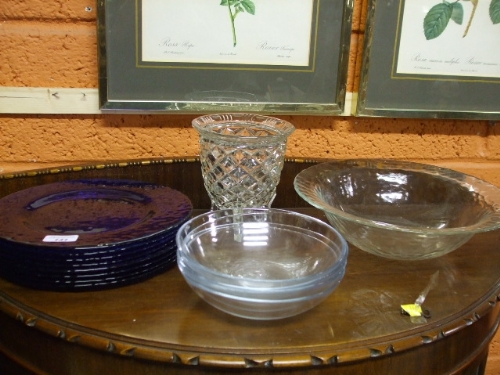 A Set of Eight Blue Glass Plates, and Other Glassware.