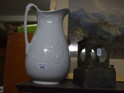 A Meakin Ironstone Wash Jug, and a Vintage Railway Lantern.