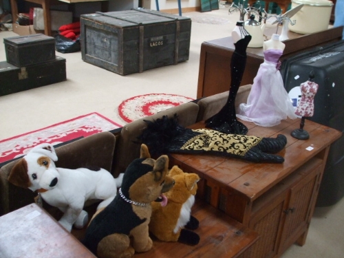 Three Jewellery Stands in the Form of Busts, along with three soft toys.