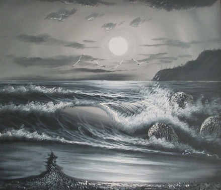 Two Oils on Canvas, one a modern example depicting seagulls flying over choppy seas at night, the