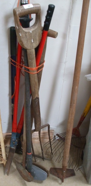 A Quantity of Assorted Gardening Tools, to include, clippers, rake, fork, etc.