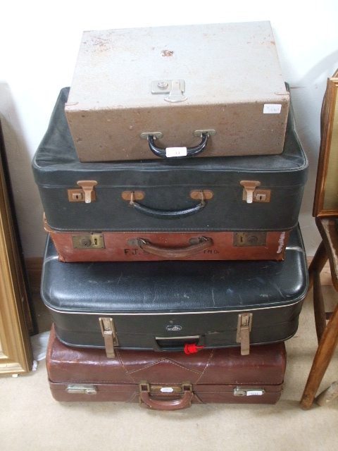 Four Vintage Suitcases and a Metal Filing Box.