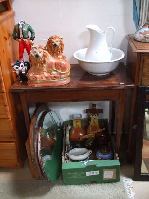 A White Glazed Wash Jug and Bowl, along with a pair of plaster figures of fireside dogs, a large