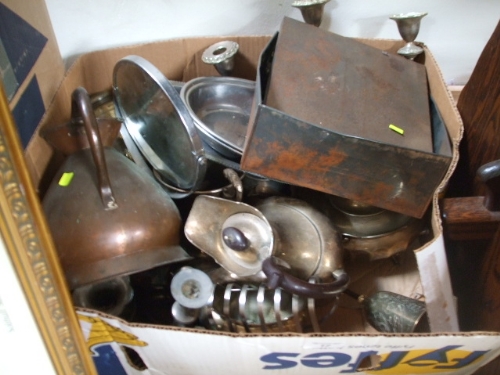 A Box of Assorted Plated and Metalwares, to include candelabrum, a teapot, etc.