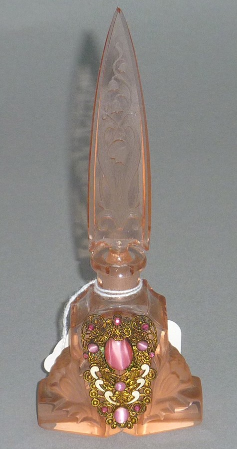 Art Deco perfume bottle with etched design and applied jewels c.1930.