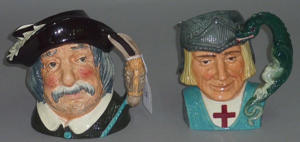 Two Royal Doulton character jugs: D6618 St George and D6456 Sancho Panca. Together with a repro vase