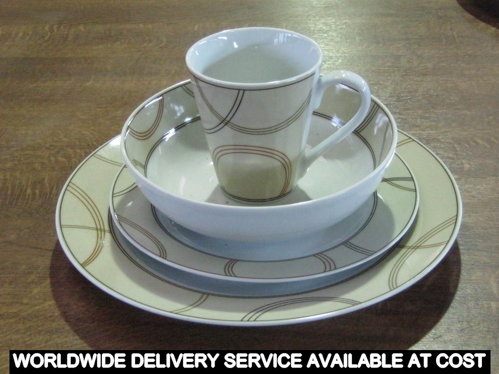 * NEW/BOXED  16pc Beige Swirl porcelain rim dining set - contains four plates & four mugs & four