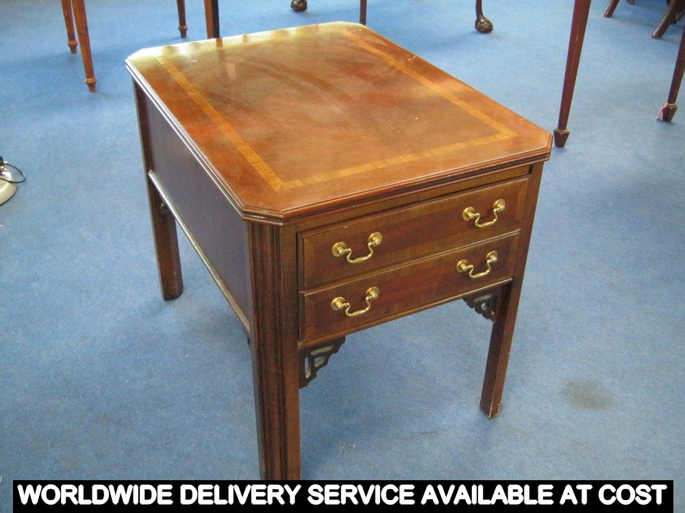 Reproduction mahogany coffee table with canted corners and frieze drawer on moulded square legs -