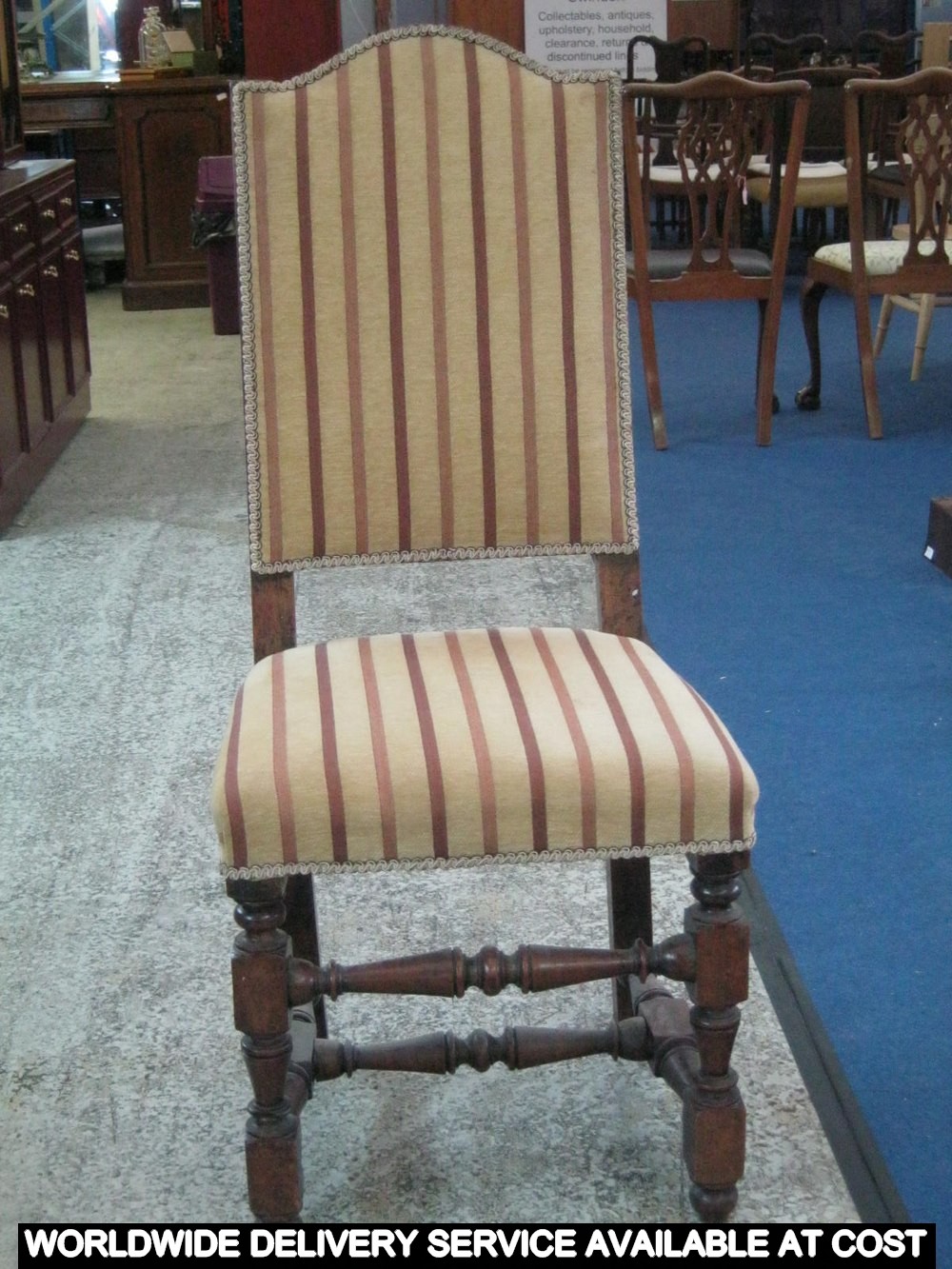 Early 20h century walnut framed single chair with upholstered seat and back on turned supports