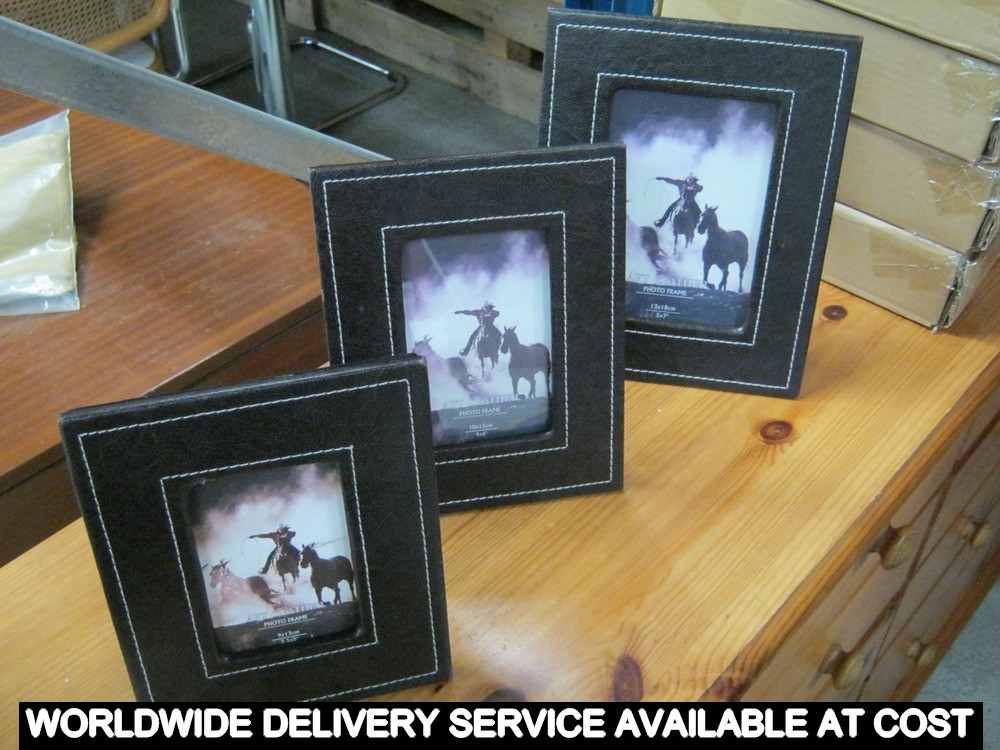 * BRAND NEW IN BOX   3 x Leatherette/Glass Photo Frames with felt backs  - largest 13cm x 18cm