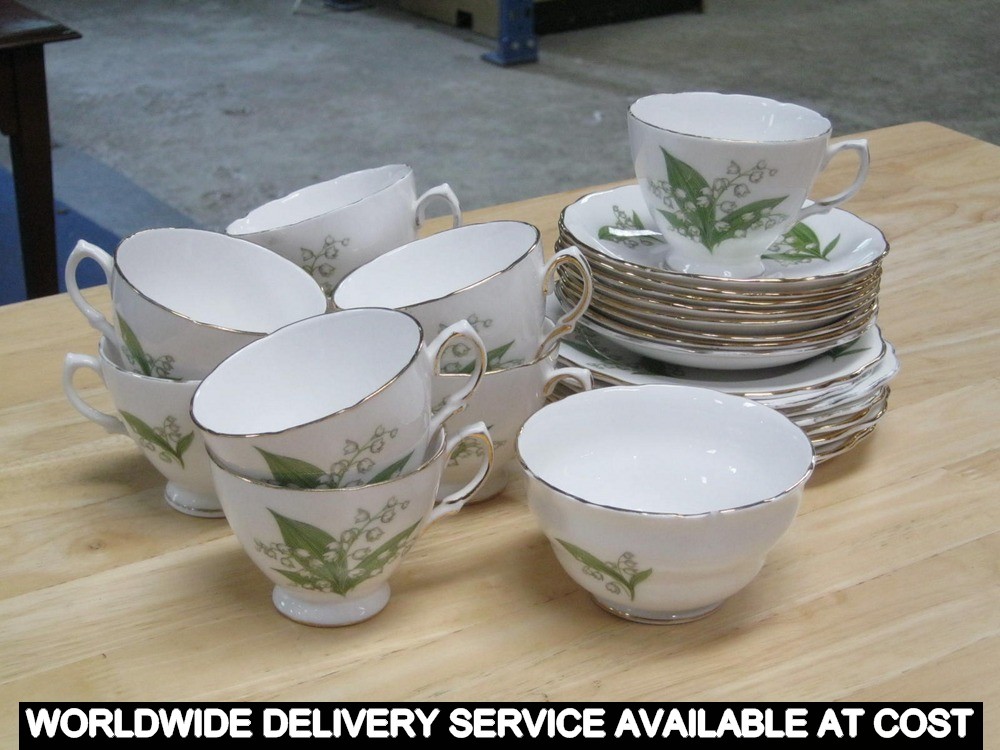 Royal Vale cups + tea plates + saucers + sugar bowl