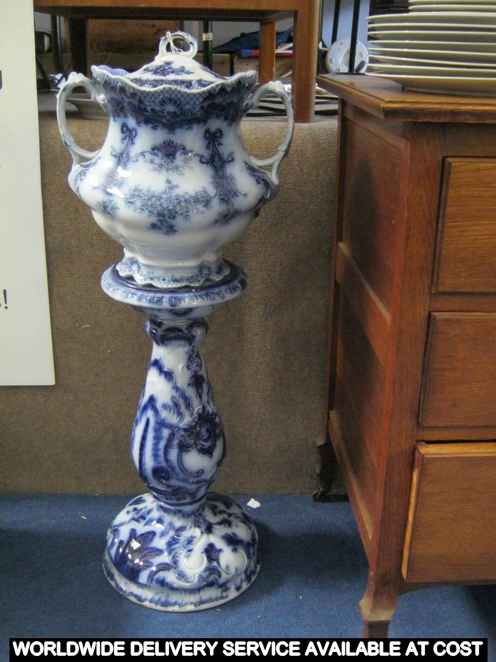 Wood & Son "Princess" blue & white two handled ceramic jardiniere on a stand