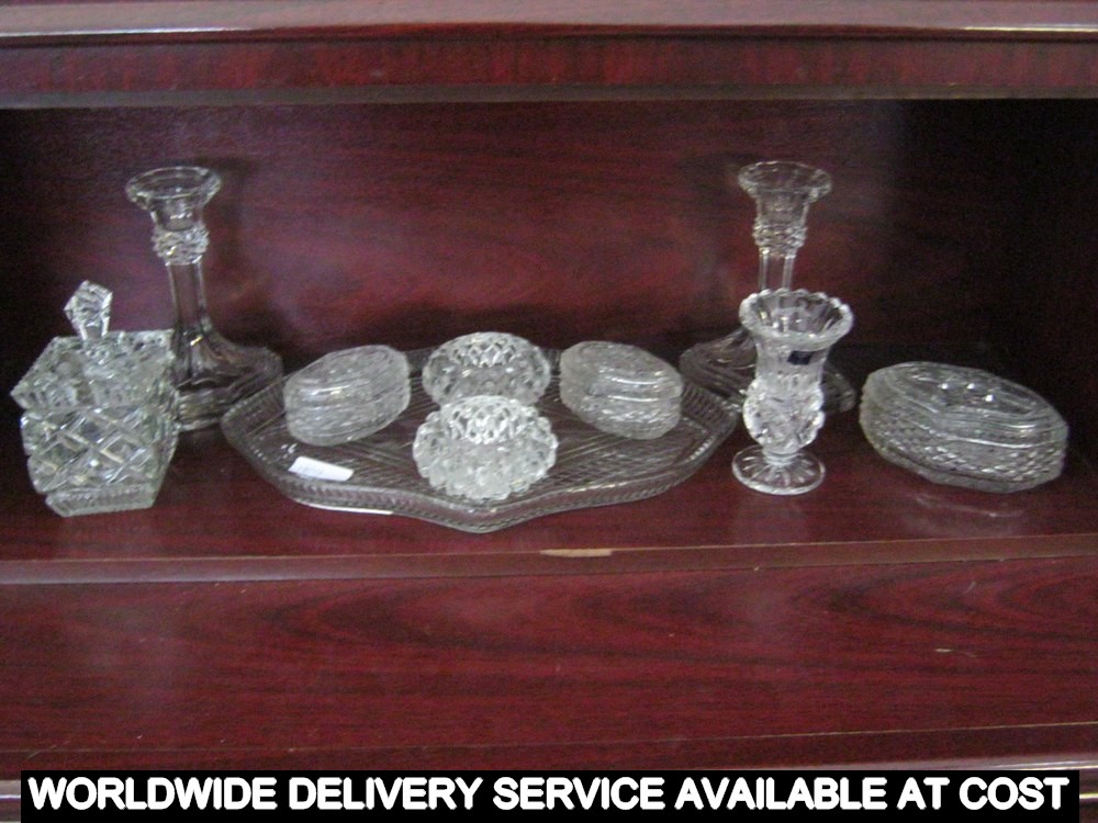 Selection of glassware including candlesticks & trinket pot & lead crystal vase