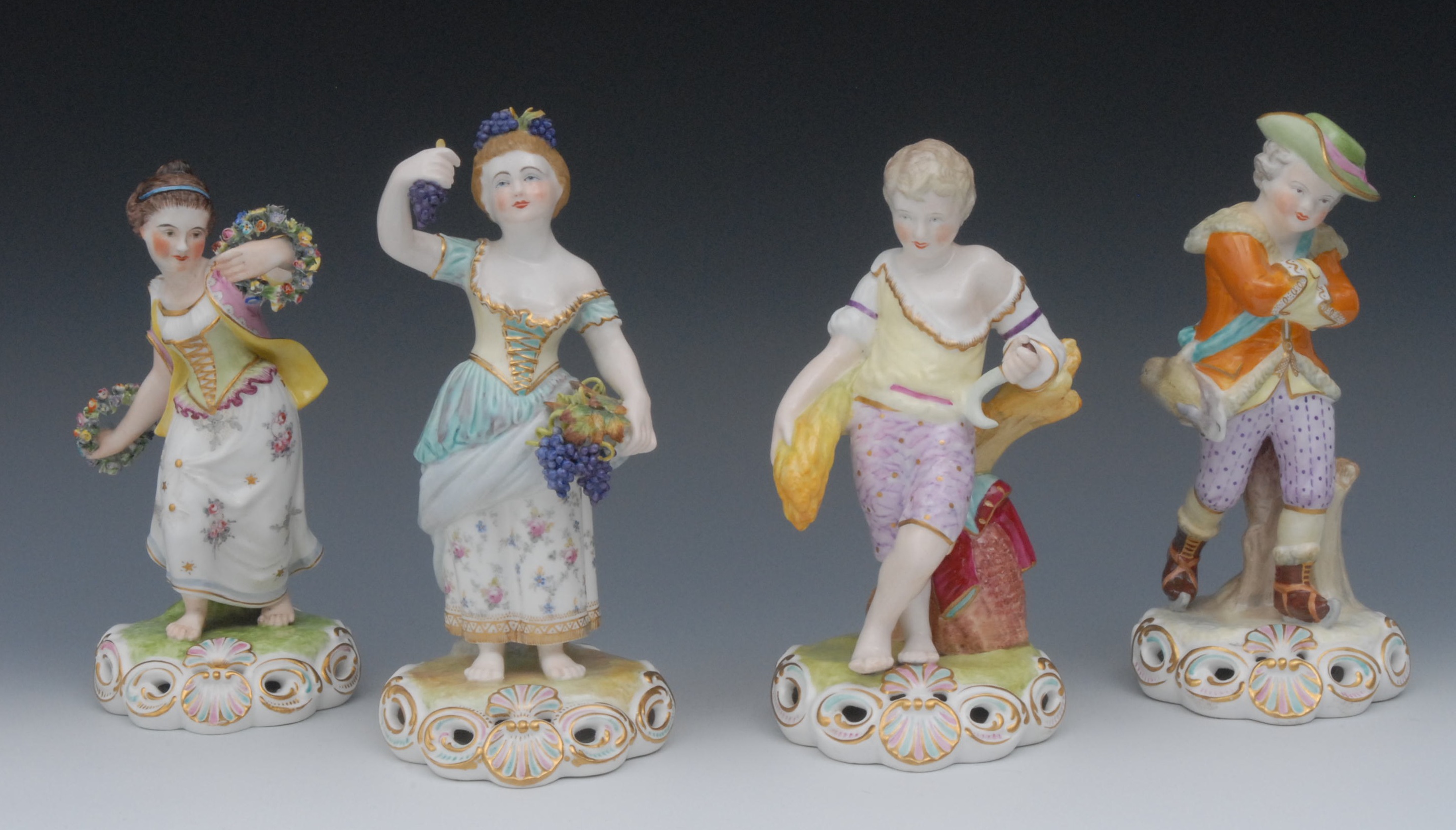 A set of four Sampson Hancock Derby figures, Allegorical of the Seasons, Spring, modelled by William