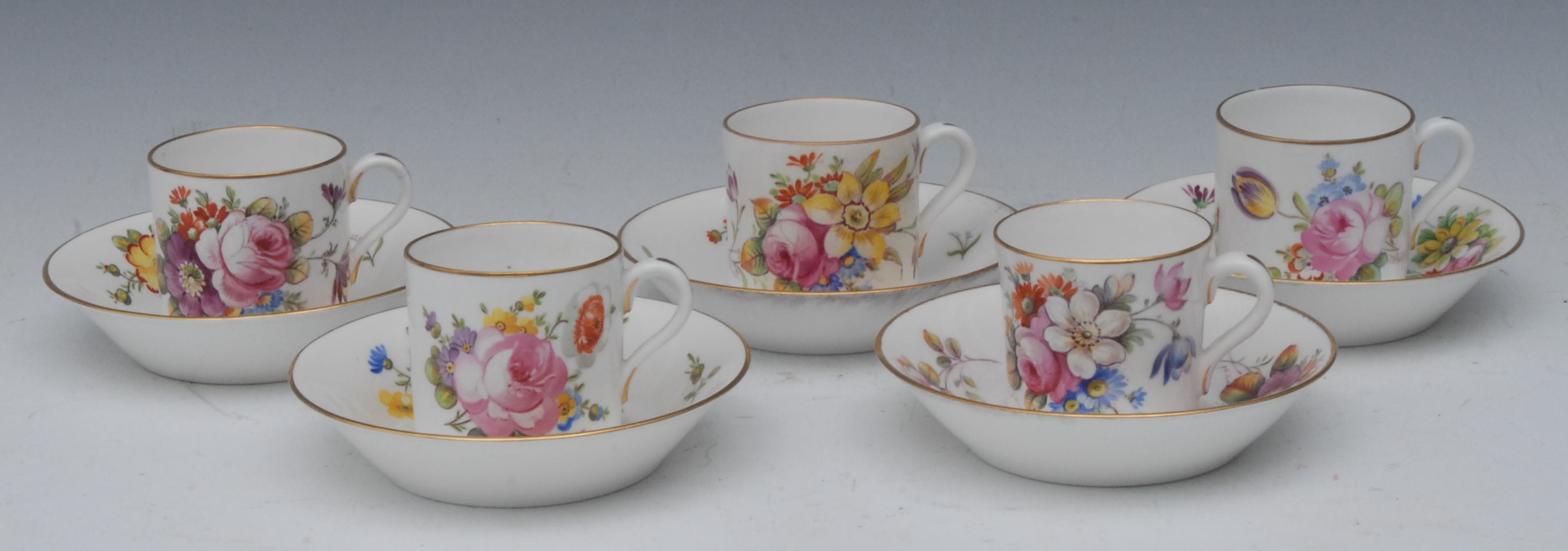 A set of five Sampson Hancock Derby coffee cans and saucers, painted by J H Ratcliffe and J