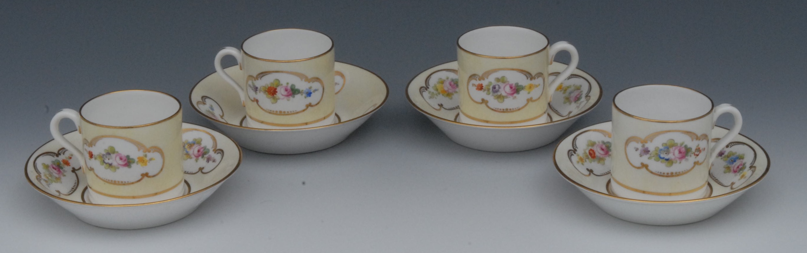 A set of four Sampson Hancock Derby coffee cans and saucers, painted by Jack Ratcliffe, signed