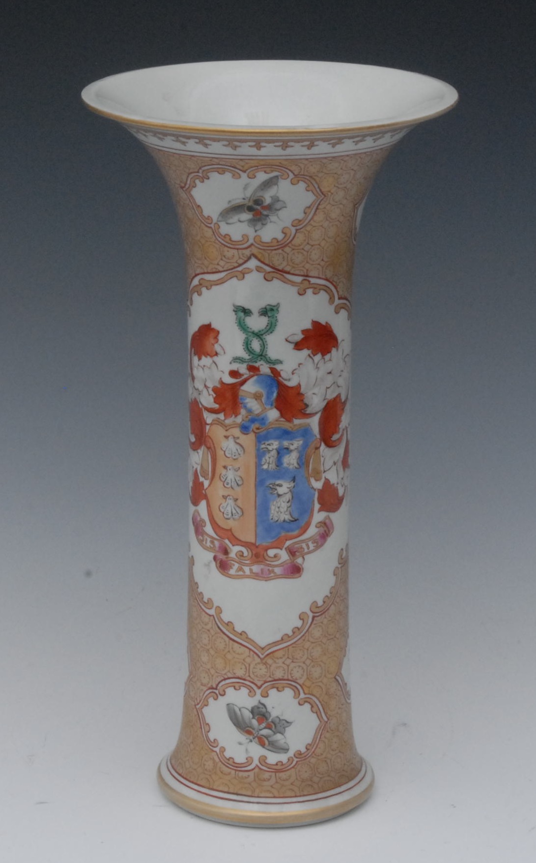 A French flared cylindrical vase, in the manner of Chinese Armorial, with crest, the gilt ground