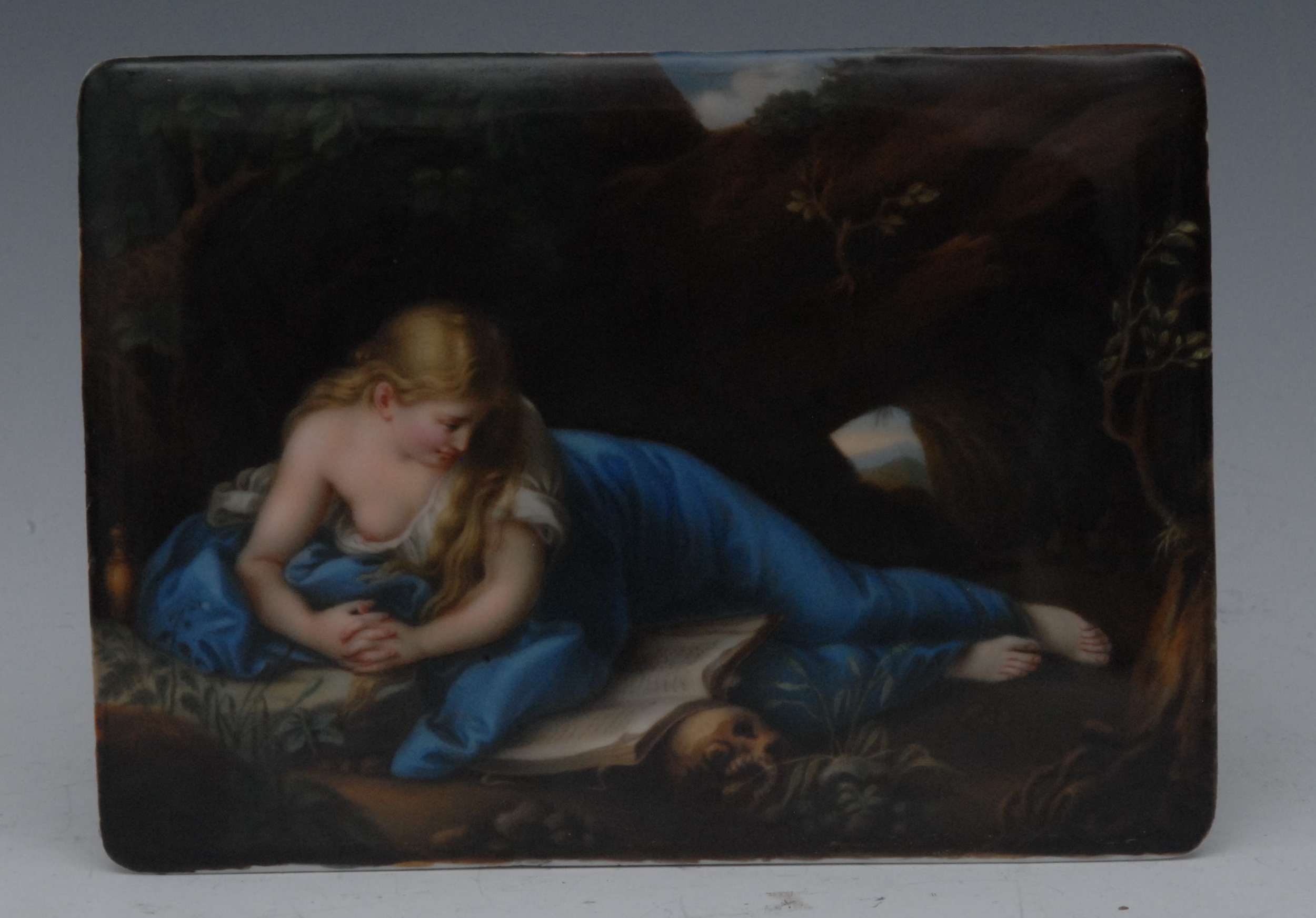 A late 19th century Berlin porcelain rectangular plaque, painted  with scantily draped young lady