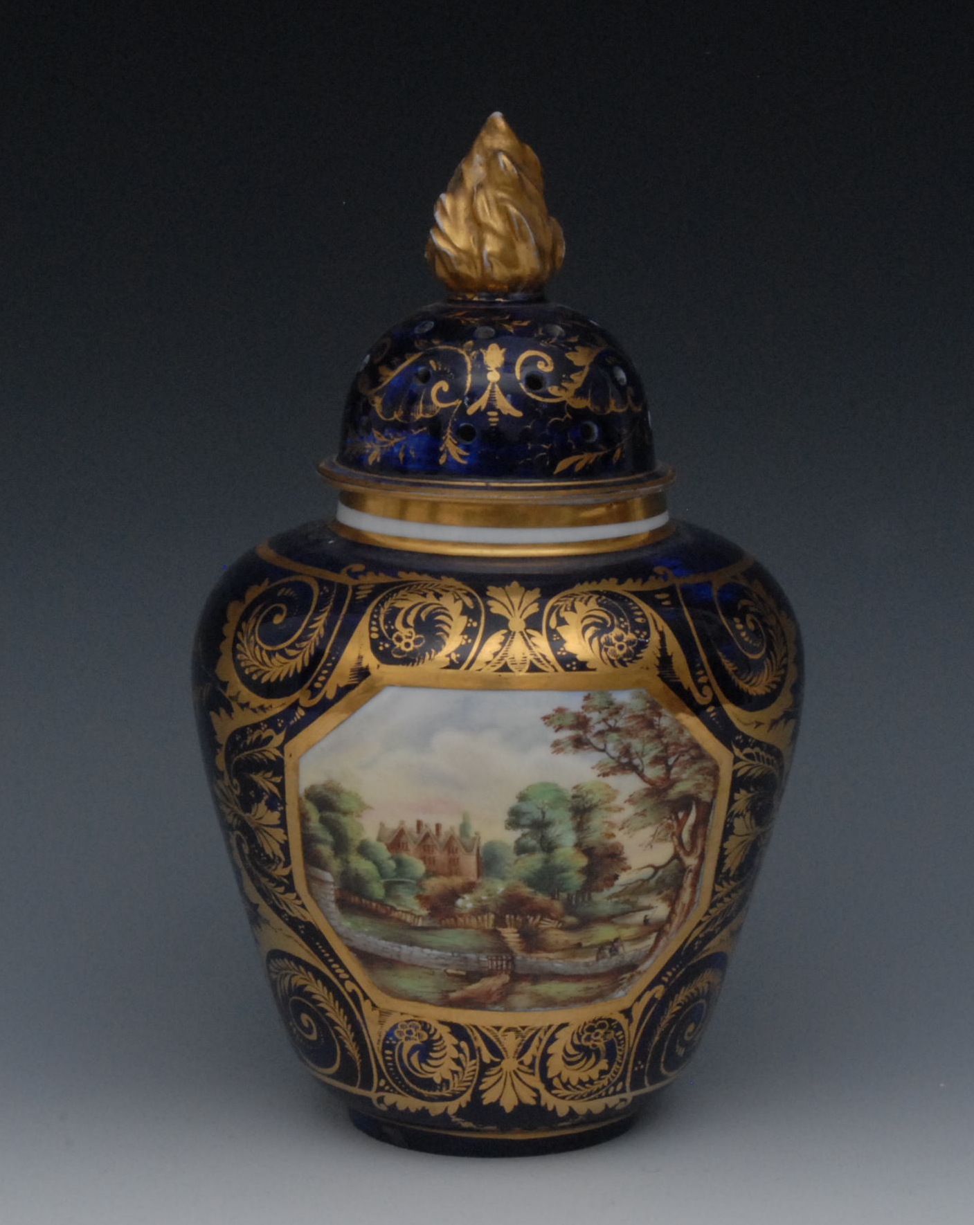 A Sampson Hancock ovoid pot pourri vase and cover, painted with Swarkestone Hall within a gilt