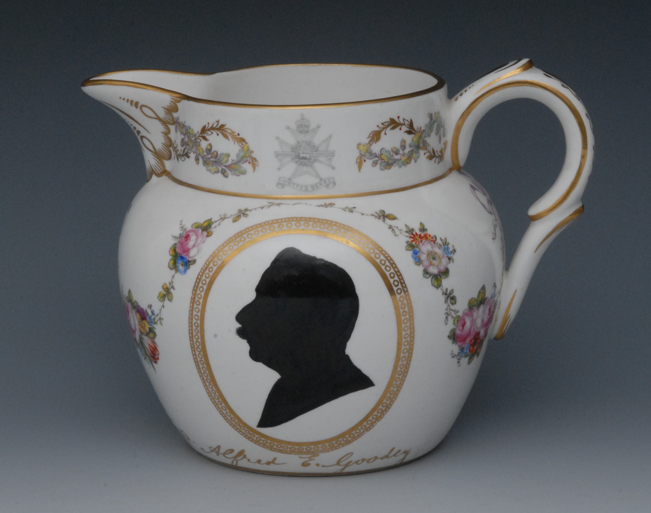 A Sampson Hancock silhouette jug, painted by William Mosley, signed, with two portrait cartouches of