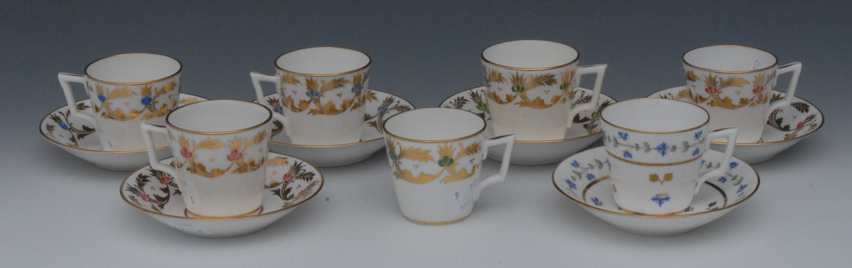 A set of five Sampson Hancock Derby coffee cups, each decorated with stylised flowerhead and gilt