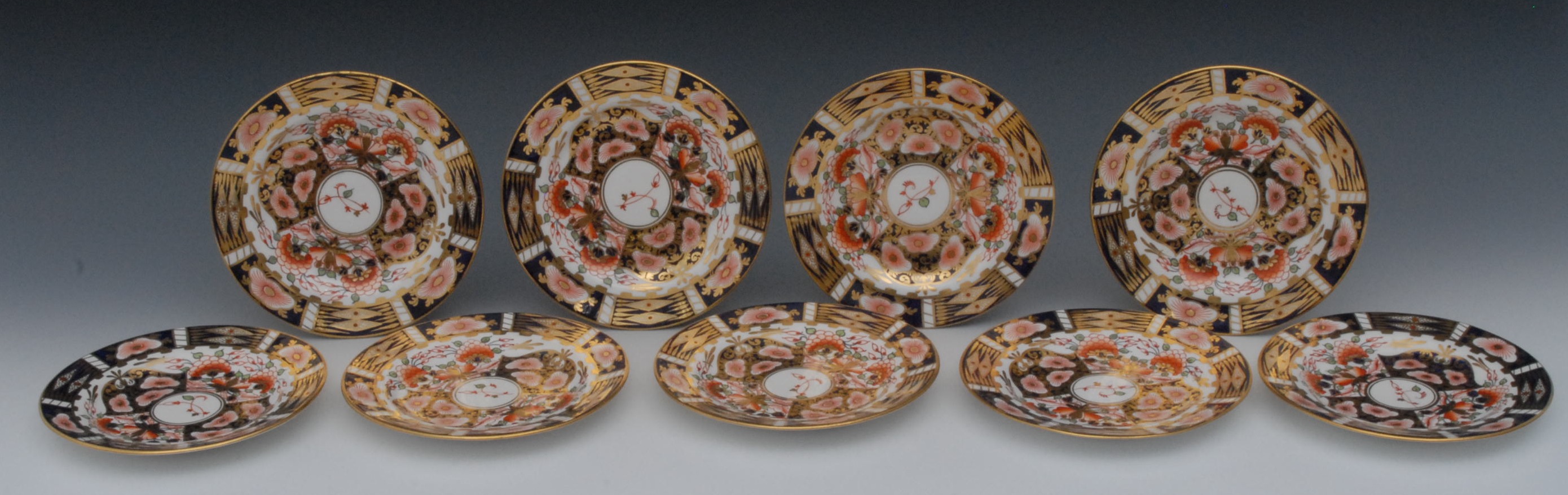 A set of nine Sampson Hancock Imari Old Witches pattern side plates, 15cm diam, S, H, crown, crossed