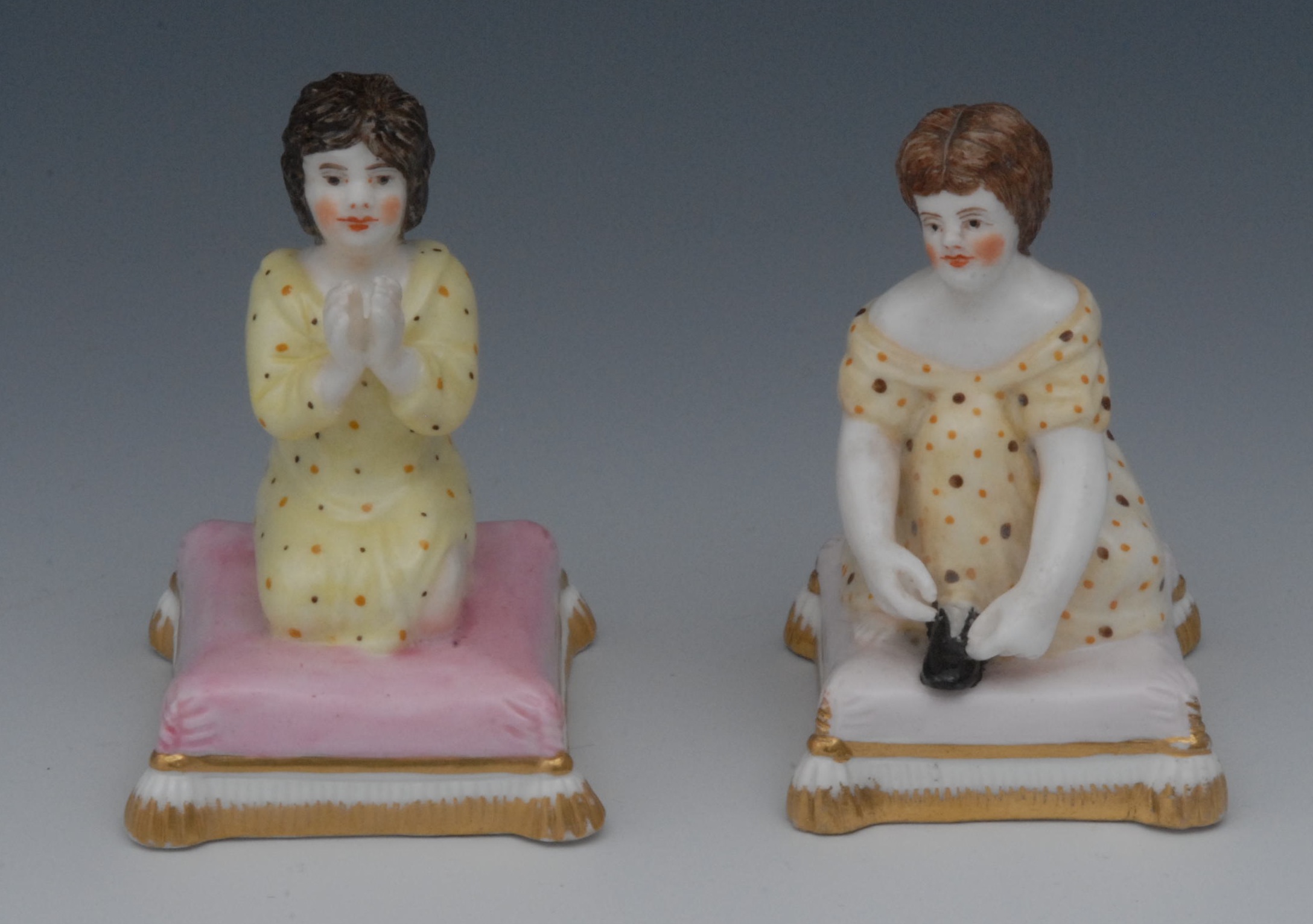 An associated pair of Sampson Hancock Derby figures, Morning and Night, both on tasselled