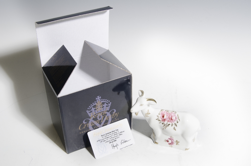A Royal Crown Derby paperweight, Pink Rose Nanny Goat, printed mark, gold stopper, boxed
