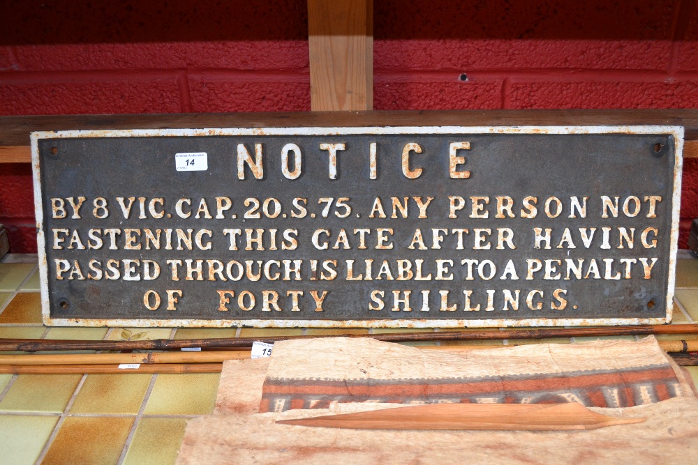 Railwayana - a cast iron notice bearing inscription "Any person not fastening this gate after having