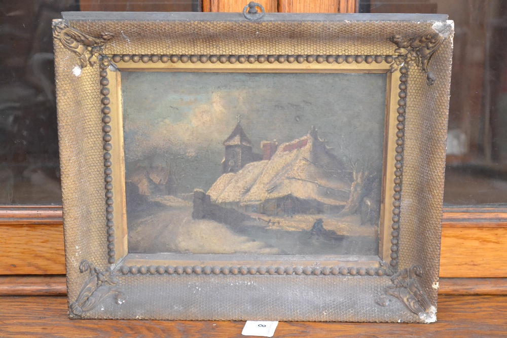 Dutch School (19th Century) Sledging by the Thatched Snow Covered Cottage oil on board, 17cm x 23cm