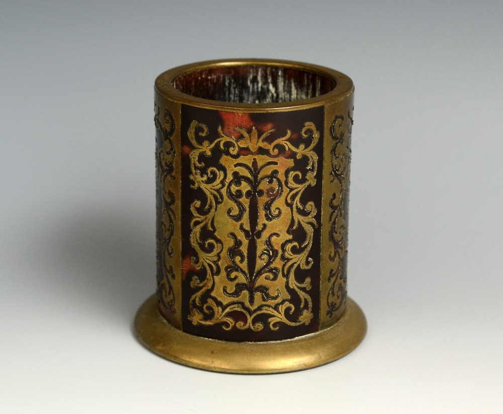 A 19th century Boulle work cylindrical taper vase, the side decorated with panels of leafy scrolls