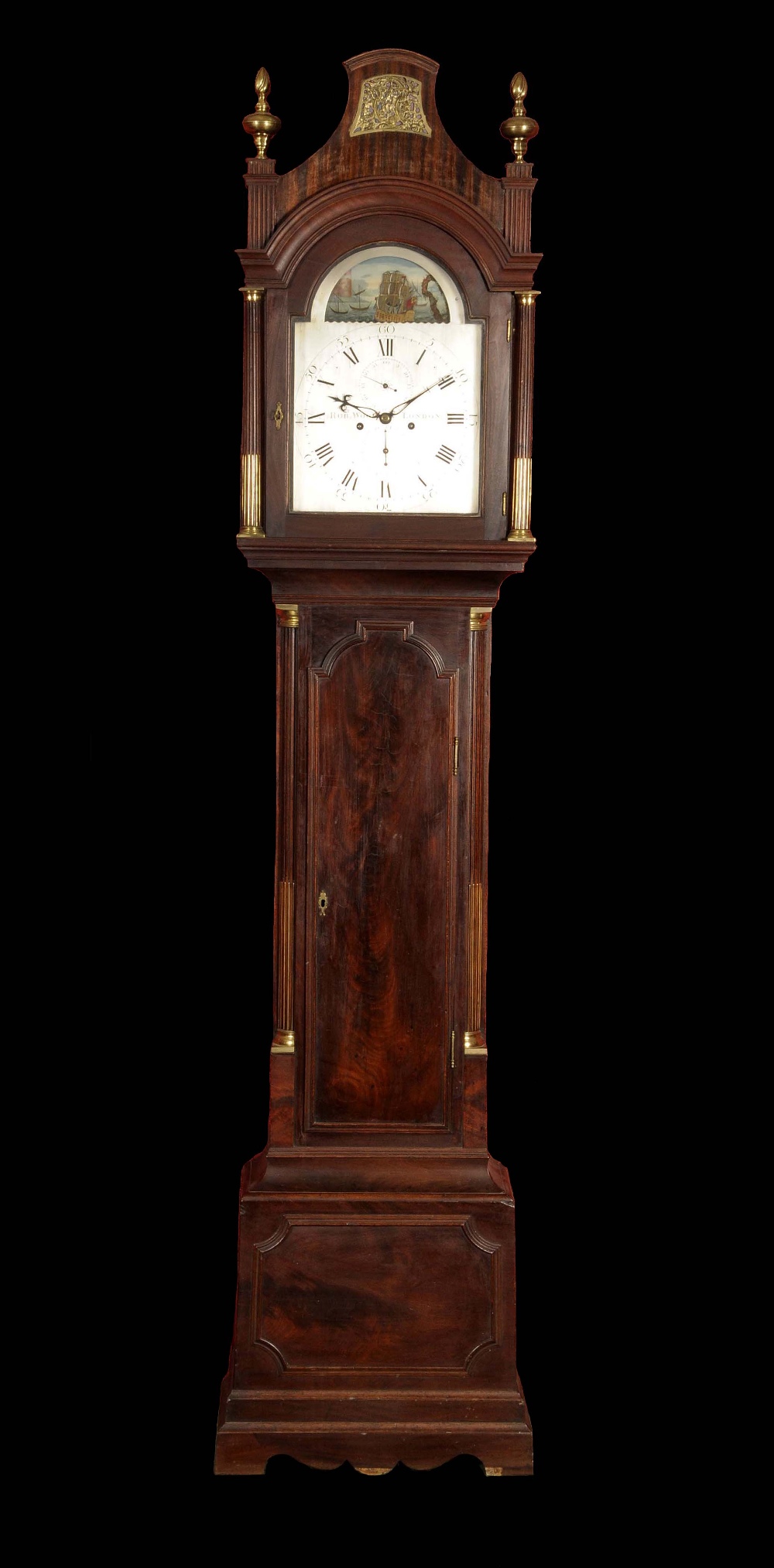 A fine George III mahogany long case clock, the flat silvered breakarch dial inscribed Robt. Wood,