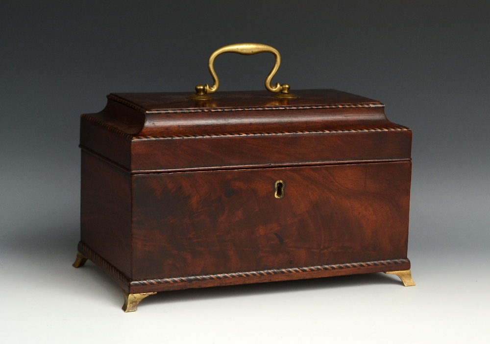 A late George II/ early George III mahogany rectangular tea caddy, hinged cover with brass swan neck