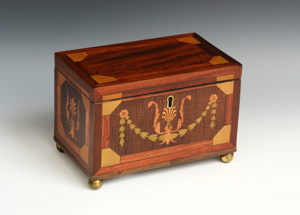 A 19th century mahogany rectangular tea caddy, hinged cover enclosing a pair of maple lidded
