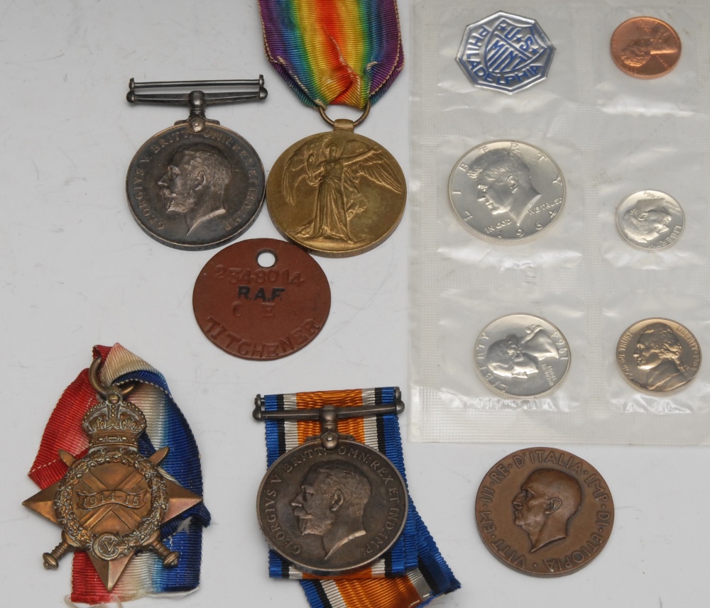 Medals, World War One, Pair, 29163 PTE E.J. TITCHENER E. LAN R; with R.A.F. dog tag 2348014