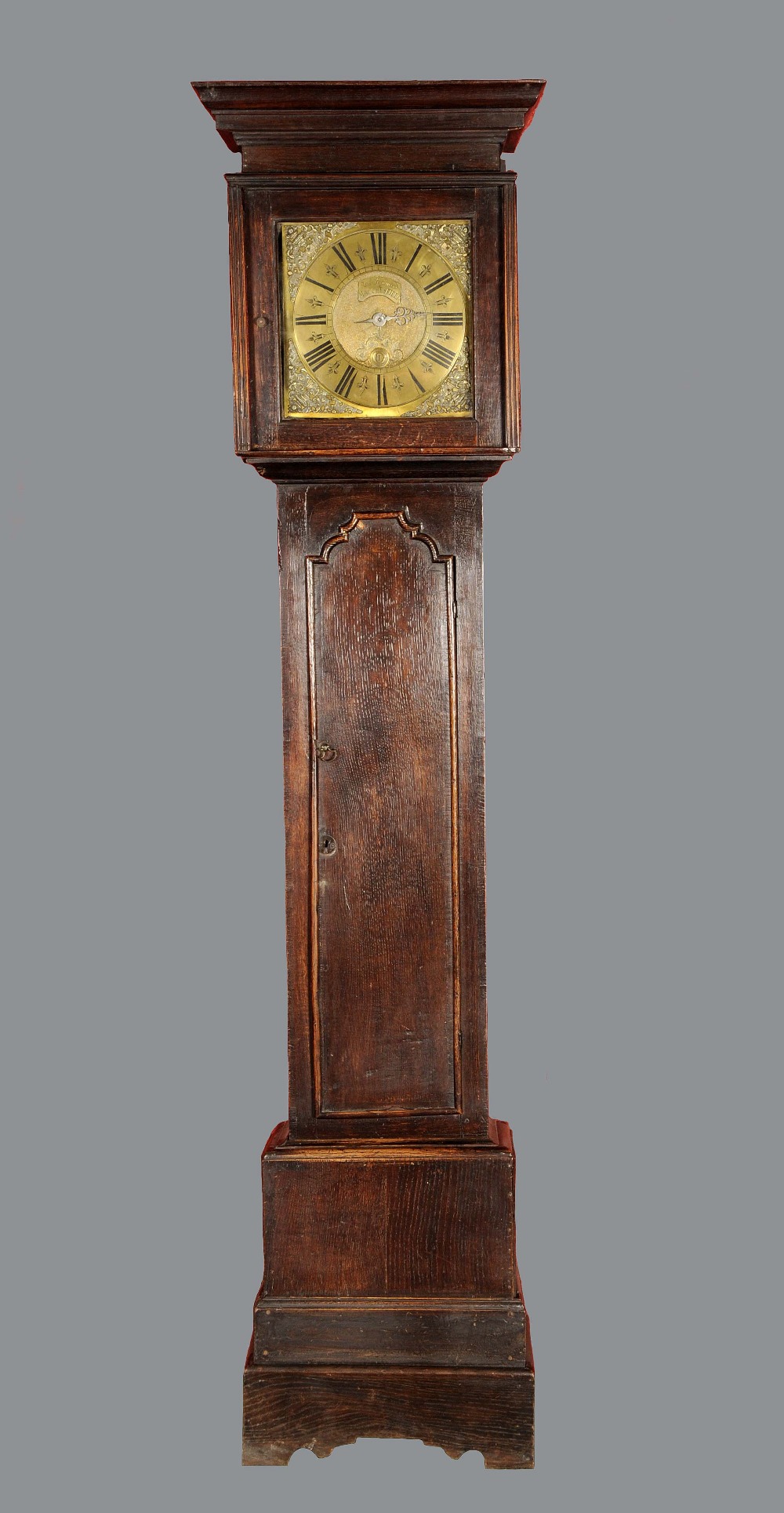 A George II oak longcase clock, 28cm square brass dial inscribed Ran. Smallwood, Macclesfield, Roman