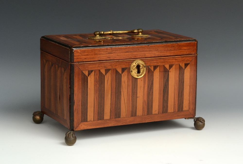 An 18th century mahogany and parquetry rectangular tea caddy, hinged cover with brass swan neck